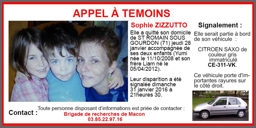 Disparition, Sophie Zizzutto, Liam, Yumi, appel à témoins, gendarmerie nationale, Saint-Romain-sous-Gourdon, angoisse, citroën saxo grise,